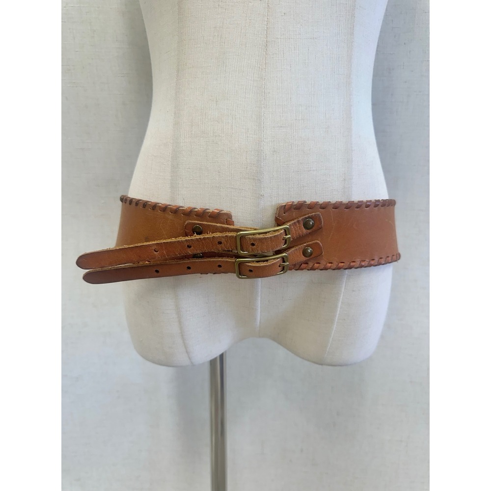Unbranded Leather Whipstitch Double Buckle Wide Waist Belt Brown Boho